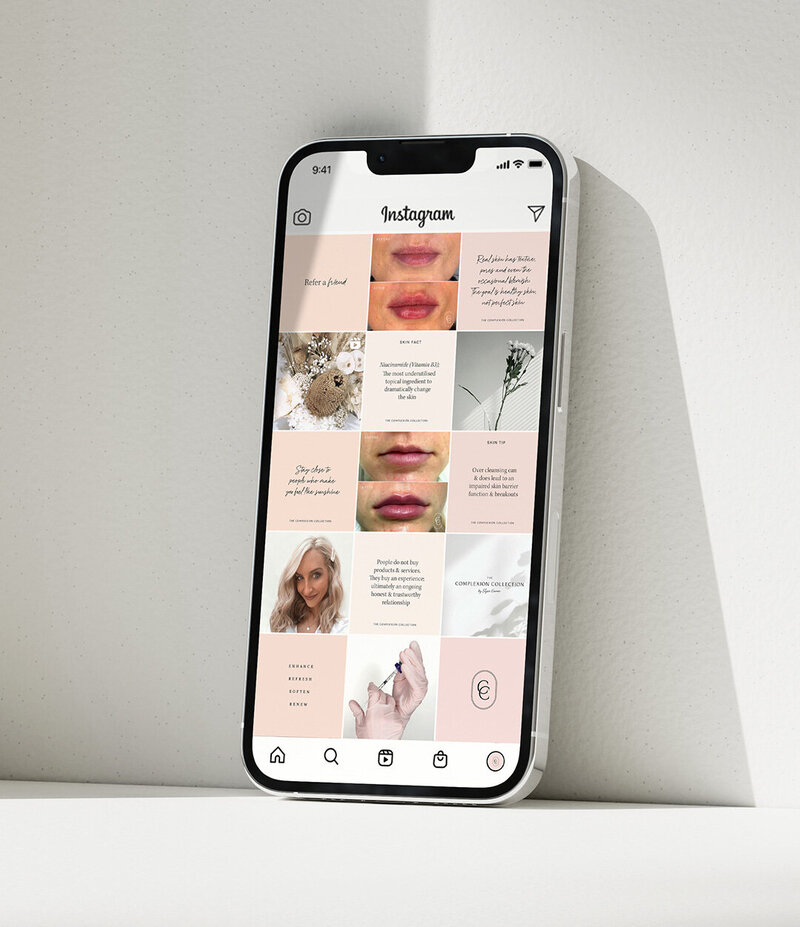 Mobile phone leaning on cream wall displaying vibrant Instagram feed for OC NaturalsMobile phone leaning on cream wall displaying feminine Instagram feed in pink tones for The Complexion Collection