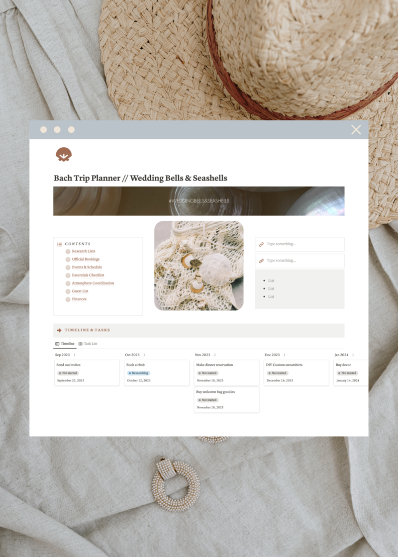 Notion bachelorette trip planner dashboard page in the wedding bells and seashells style