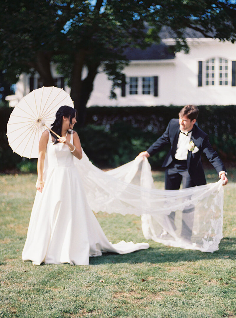 Bride and groom walking back up the aisle