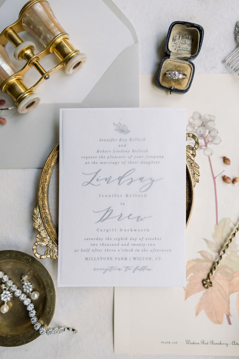 Flatlay of wedding invitation suite for New York wedding