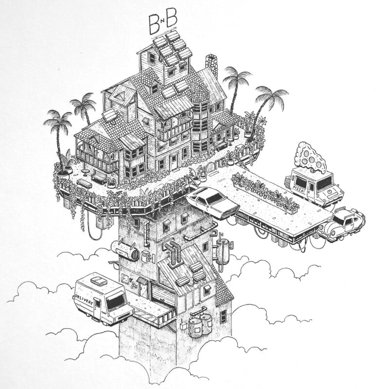 Isometric Pen and Ink illustration of a hover cars parked above the clouds at a hotel.