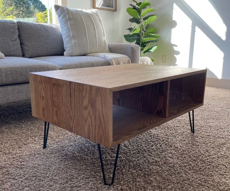 Modern white oak coffee table with two open shelves