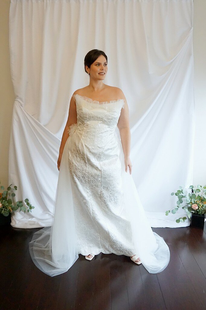 Column style wedding gown with detachable tulle skirt