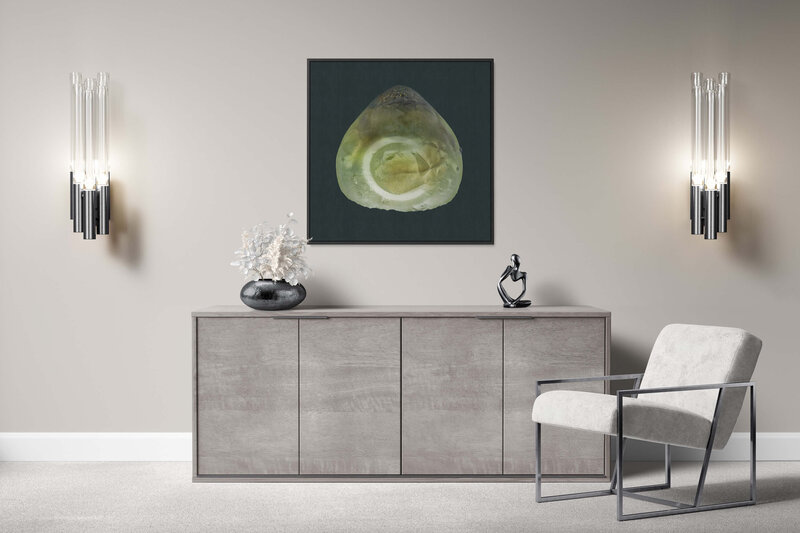 Fine Art Canvas with a black frame featuring Project Stardust micrometeorite NMM 1448 for luxury interior design
