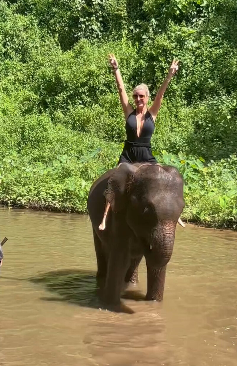 A woman wearing a black swimsuit sits atop an elephant in a shallow river, raising her arms in excitement. She is surrounded by lush green foliage, enjoying a tropical adventure.