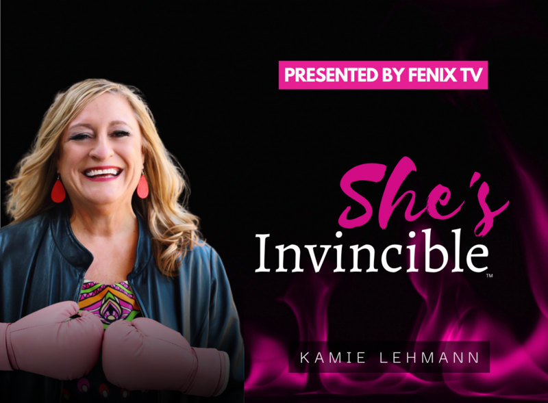 Banner with photo of Kamie and text "Presented by Fenix TV, She's Invincible, Kamie Lehman"
