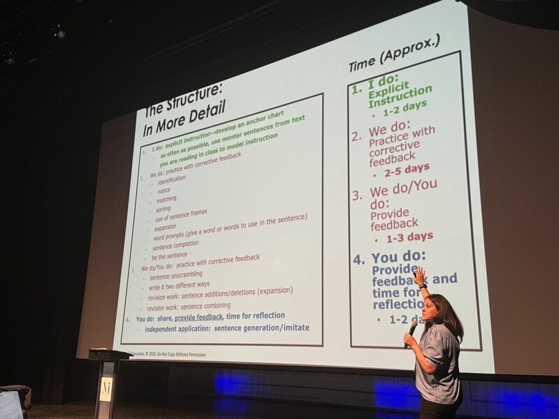 literacy consultant speaking on stage at a national conference