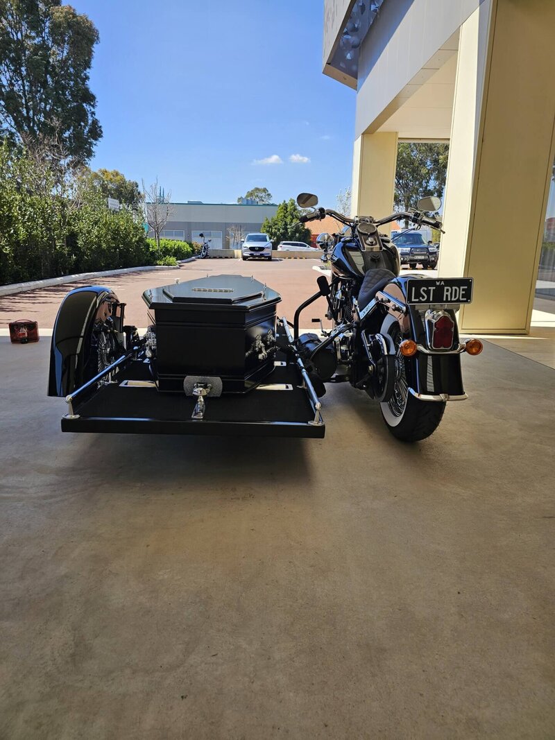 Harley Davidson motorcycle hearse in Western Australia, delivering a unique and respectful funeral service.