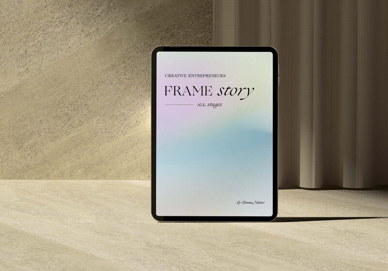 mockup of a tablet device showcasing the frame story on a stone background