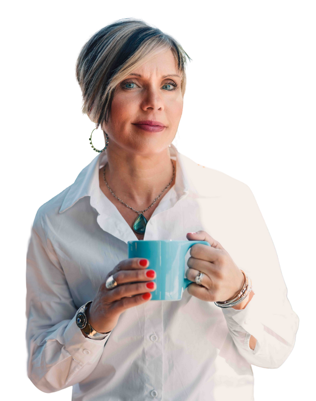 Natalie Clark holding a blue coffee mug