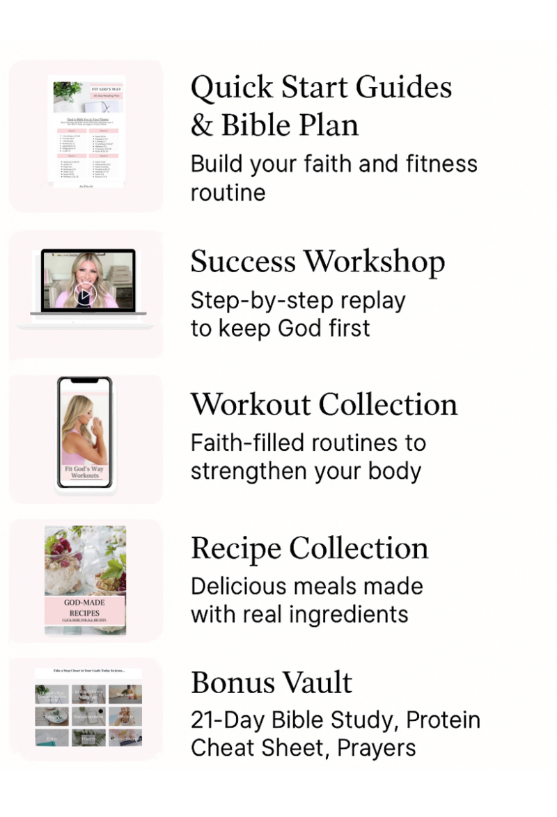 “Bonus Vault for Fit God’s Way 30-Day Transformation course including 21-Day Bible Study, Protein Cheat Sheet, and Prayers — free bonuses to support Christian fitness and faith-based health