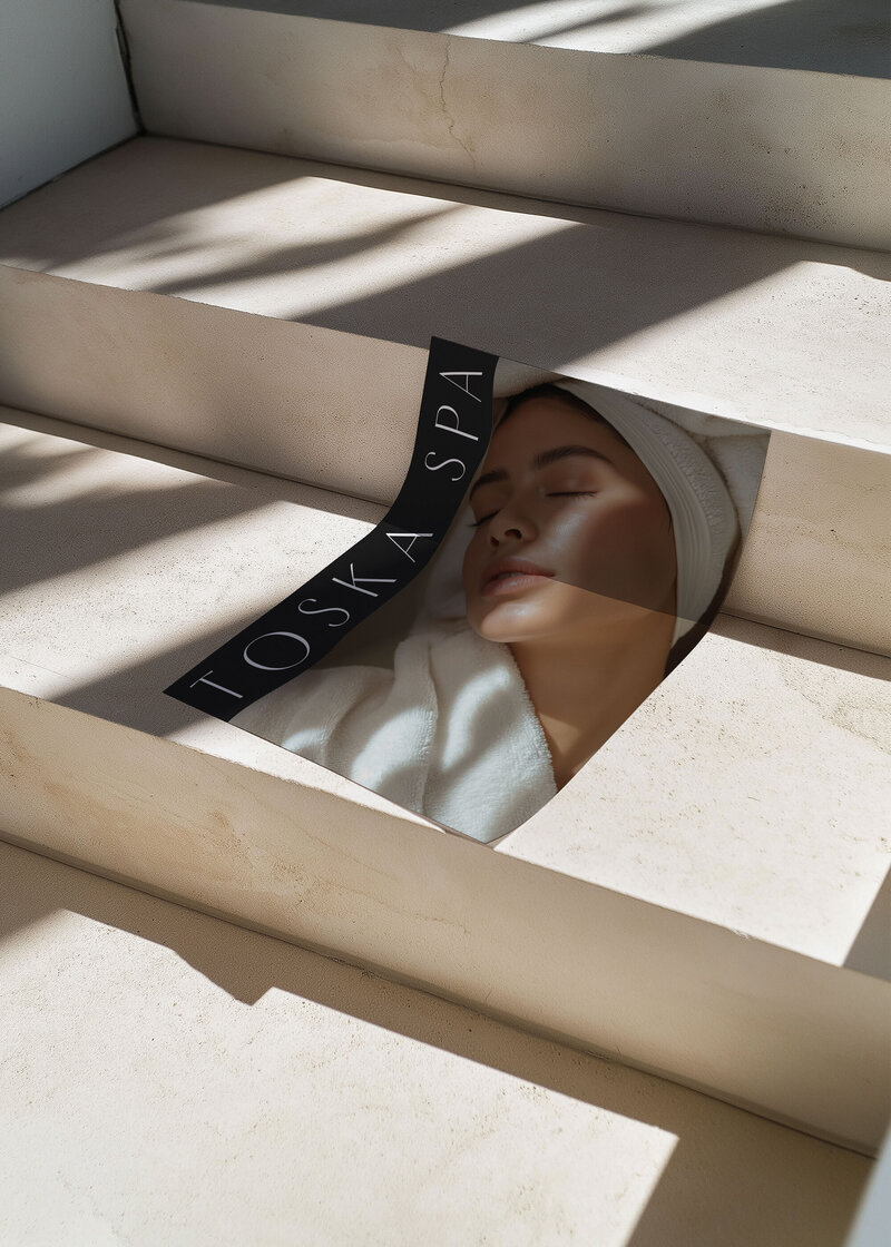 Elegant stationery poster mockup for Toska Spa, displayed on neutral stone steps