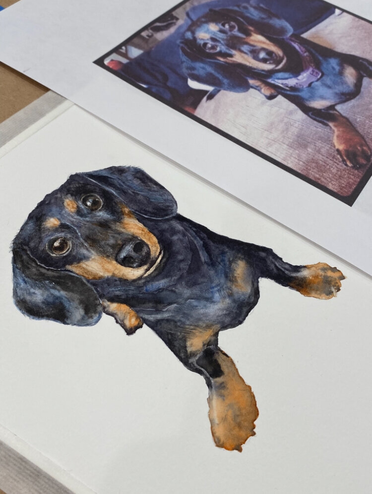 Black dog watercolor portrait by Scribble Savvy