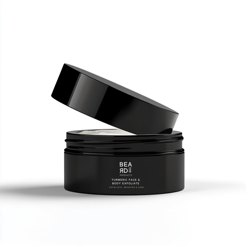 Black jar of Beard One Products Turmeric Face & Body Exfoliate with open lid on a white background