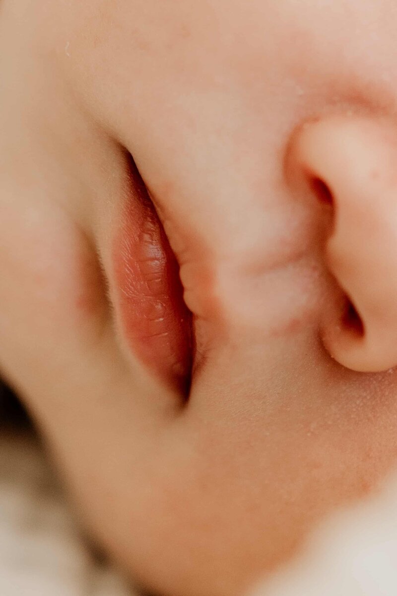 Detaljer av munn og nese tatt på en nyfødtfotografering i Oslo.