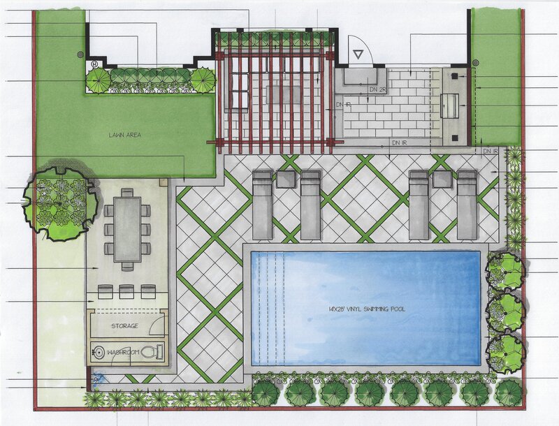 backyard landscape plan with a dining area and a rectangular pool