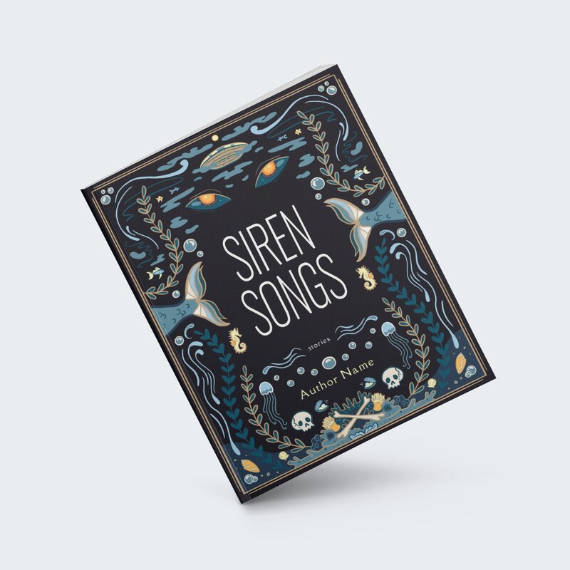 mockup of a book about sirens and other nautical legends illustrated in a vector collage style