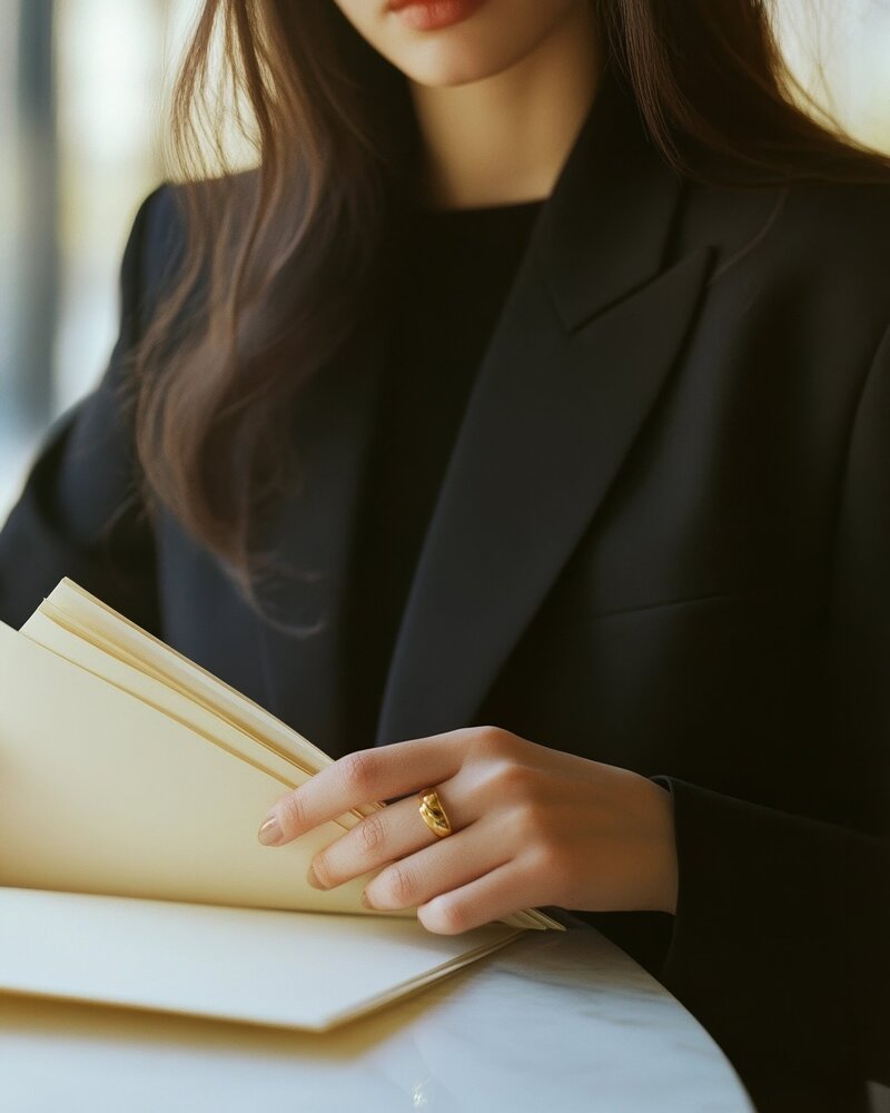 Smartphone showcasing a professional brand identity design with a warm aesthetic, set against a modern beige geometric backdrop