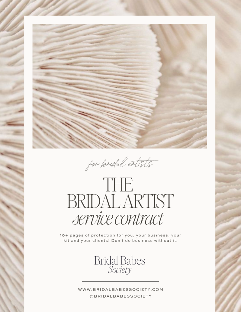 Promotional graphic for bridal hair and makeup contract template with makeup brushes in the background.
