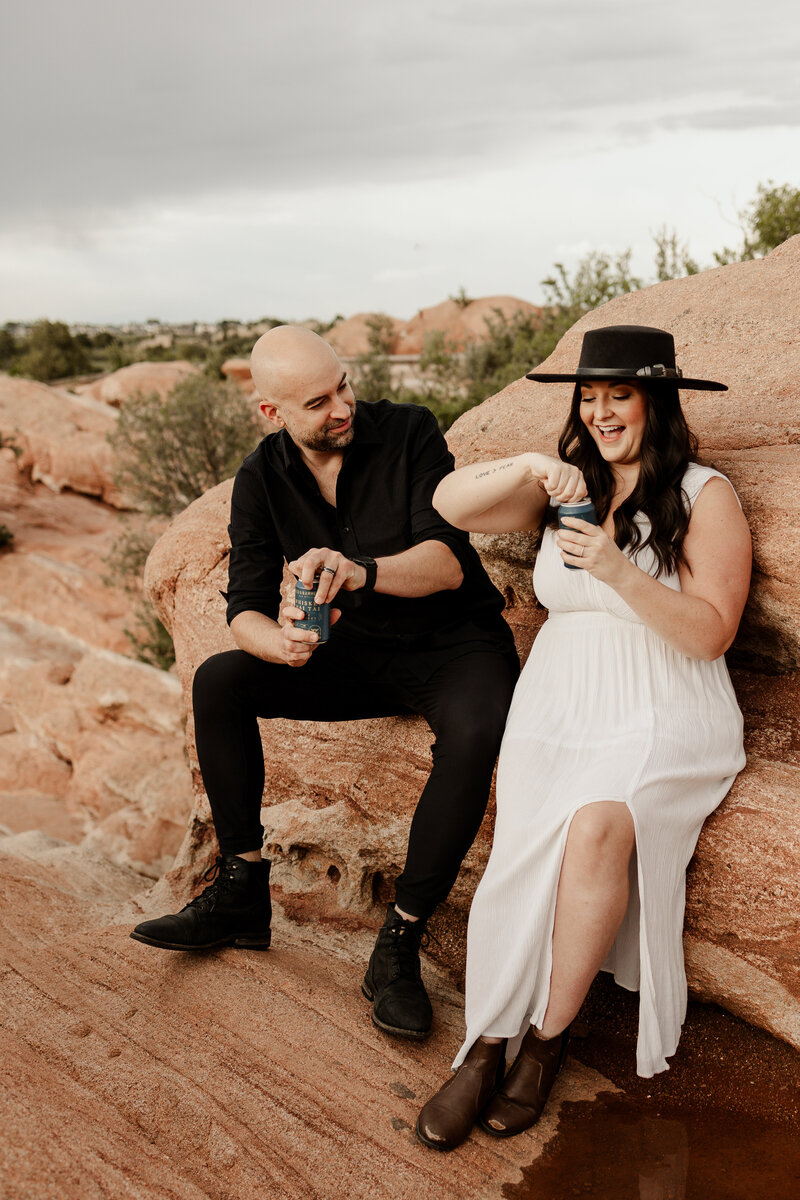 Garden of the gods Elopement couple drinking an IPA