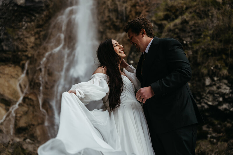 Couple elopement at Val Gardena Dolomites, by waterfall