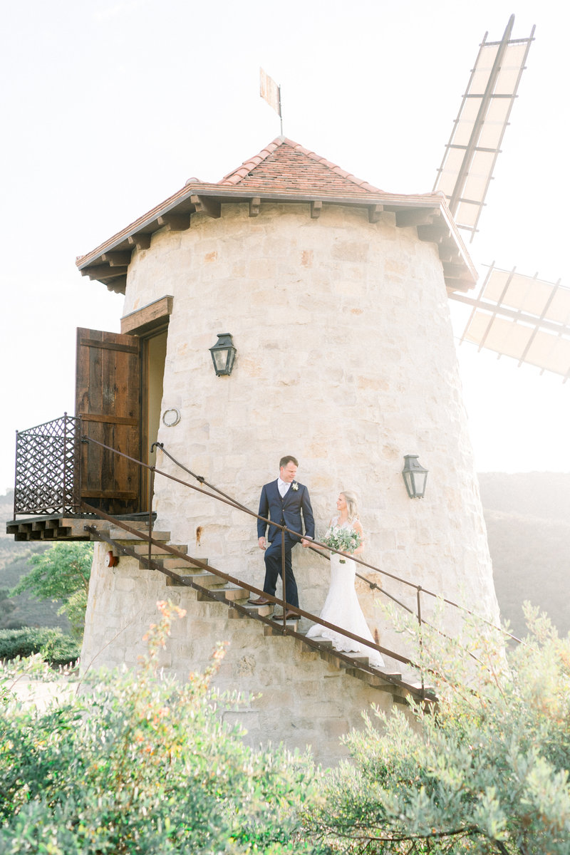 bride and groom in front of a windmill