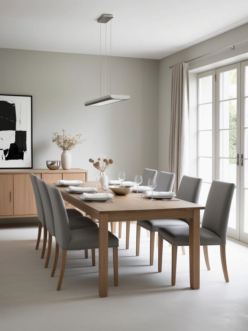A serene minimalist dining space with an oak table set for dinner, complemented by linen-upholstered chairs in grey. The oak sideboard, styled with black-and-white artwork and dried flowers, adds warmth against muted grey walls. French doors open to the outside, framed by beige curtains.