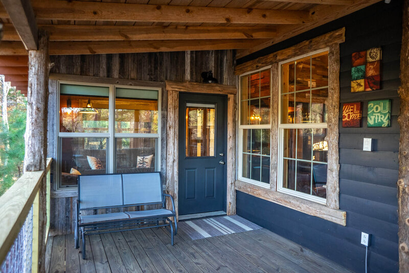 Outside living area in luxury mountain cabin