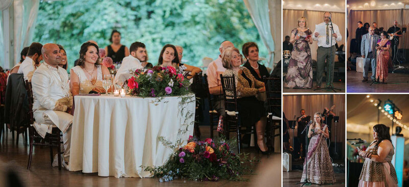 Bride and groom listening to friends and family give speeches at  Bartram's Garden in Philadelphia