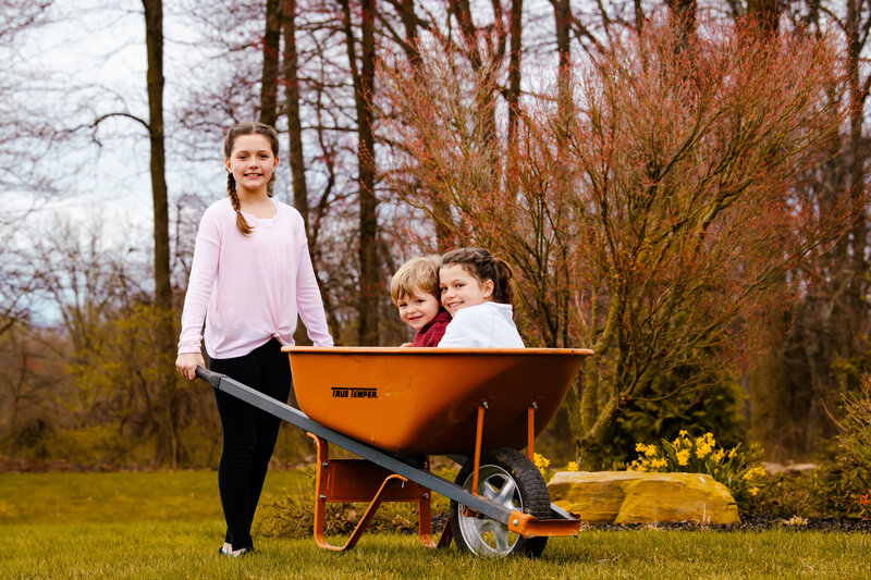 big sister pushing siblings in wheelbarrow