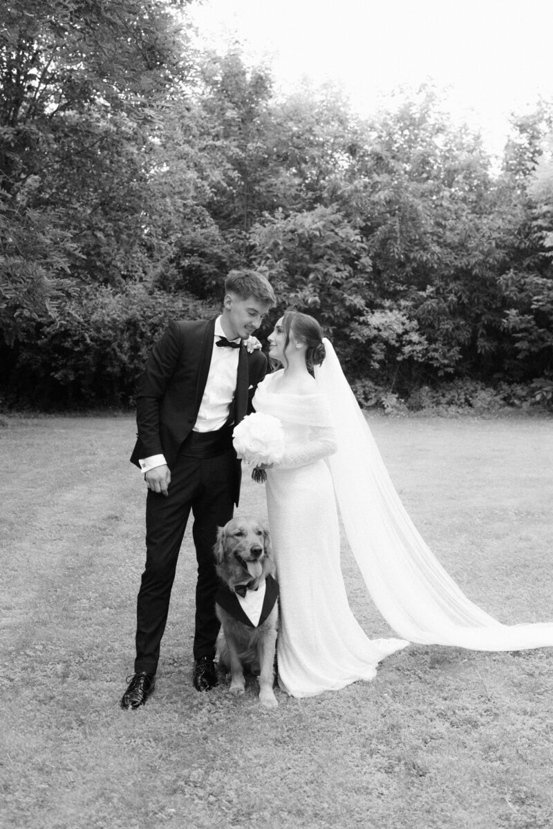 Luxury wedding in Europe – sophisticated bride in a modern wedding gown and groom in a timeless suit.