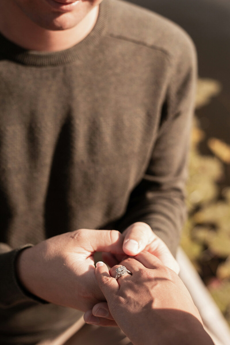 A close-up of two hands touching, with a person sliding a sparkling engagement ring onto their partner's finger