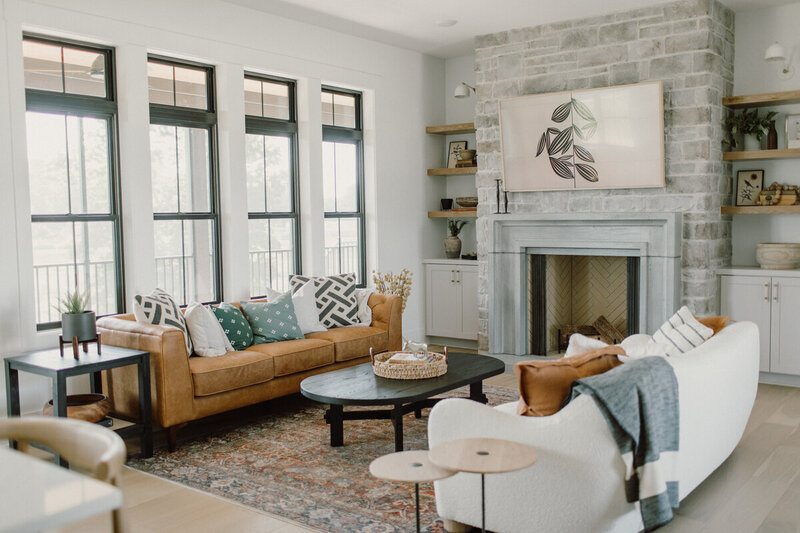 Custom-built modern farmhouse style Iowa house interior living room