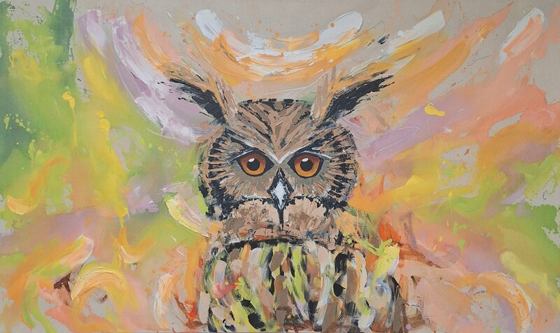 Die Eule symbolisiert Klarheit, Mut und Vertrauen in das Unbekannte. Kunstwerk voller Intuition, Mut und Herbstenergie.