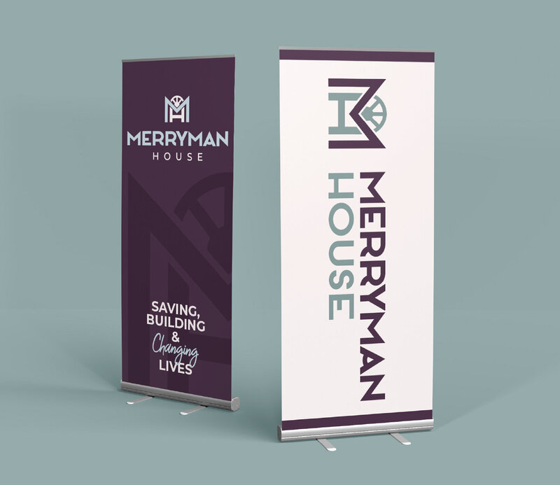 Merryman House non profit logo design and pull up banner stands by Amanda Newman Design in Paducah, Kentucky