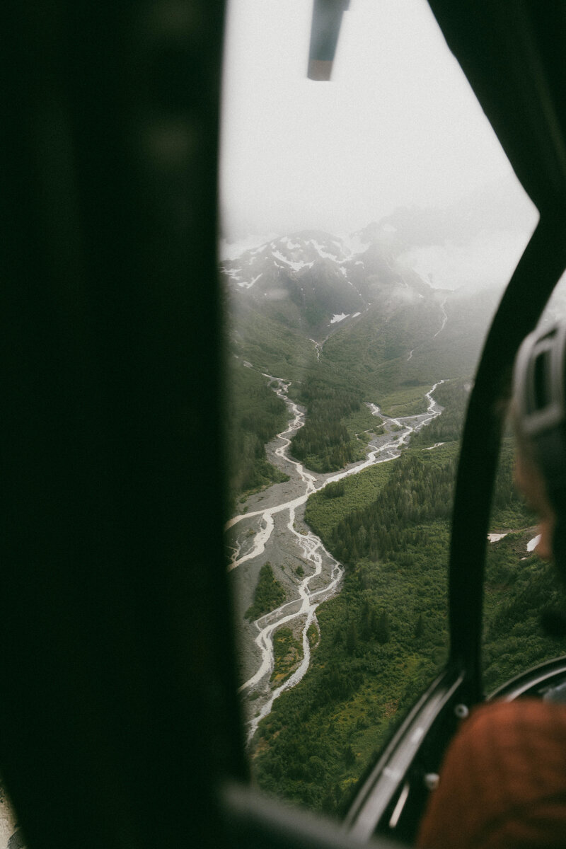 Aerial view of a glacial river near Seward, Alaska.