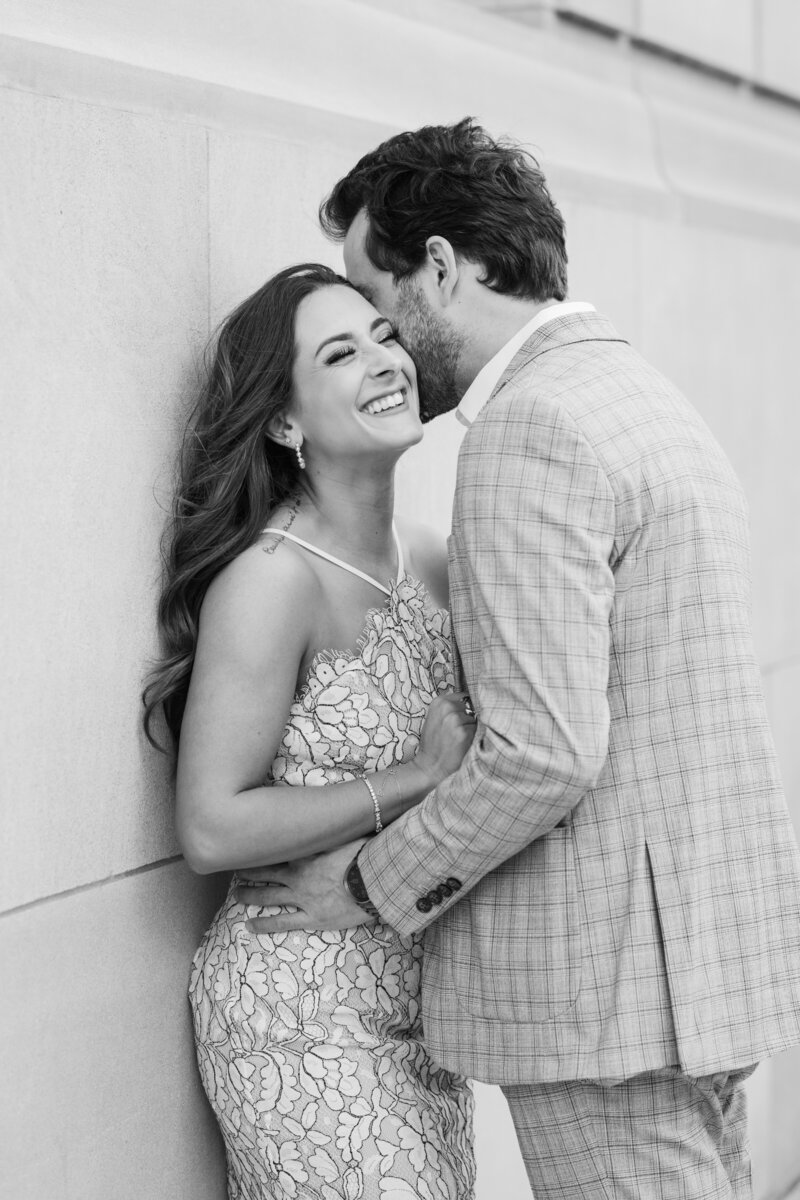 black and white engagement portrait in downtown kansas city