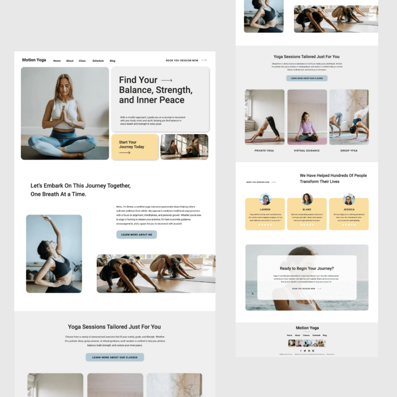 Screenshot of a yoga studio website layout with sections for programs, testimonials, and wellness resources, designed to promote a holistic approach to health and balance.