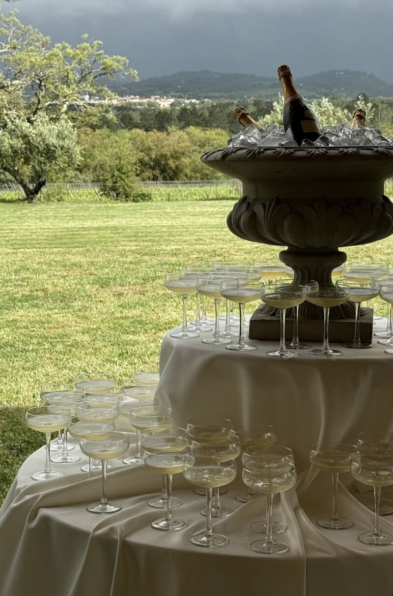 Two tiered table featuring stunning table of champagne to greet guests as they arrive.