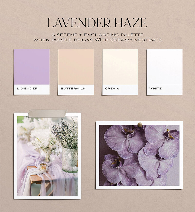 Moodboard of lavender and cream tones to inspire you for your wedding