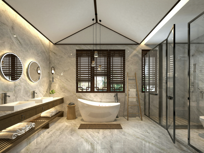 luxury bathroom with freestanding bathtub and large walk-in shower