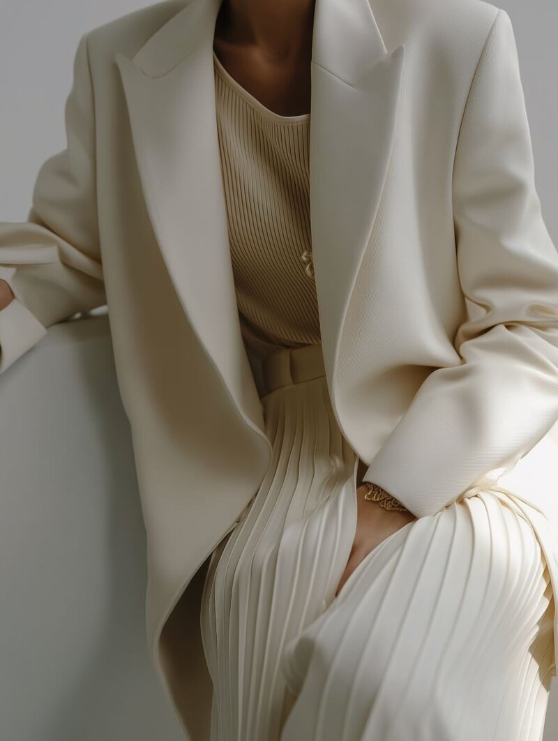 Elegant woman dressed in a cream pleated skirt and matching blazer sitting gracefully with subtle gold jewelry