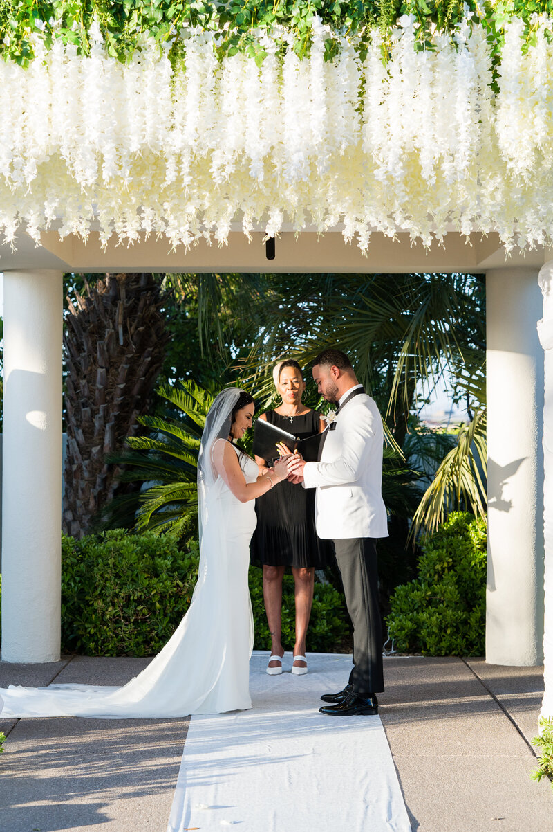 Exchange of vows under the garden arch surrounded by greenery and natural light.