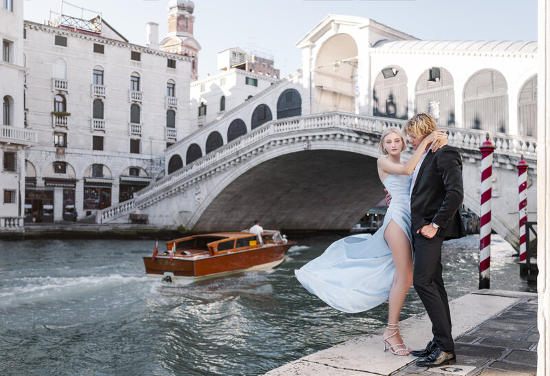Couple by Venetian Canal for engagement session