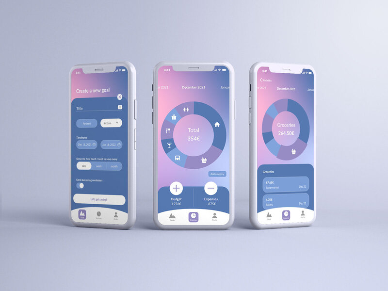 three vertical mobile mockups next to each other showing a financial app for women