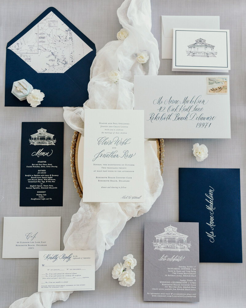 Romantic wedding suite with invitations and RSVP cards