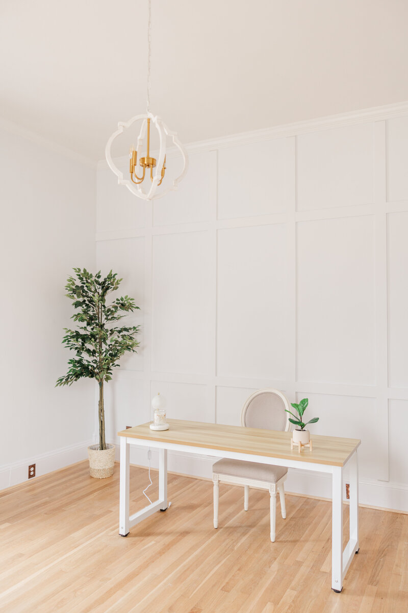 a room decorated like a neutral home office for brand photography