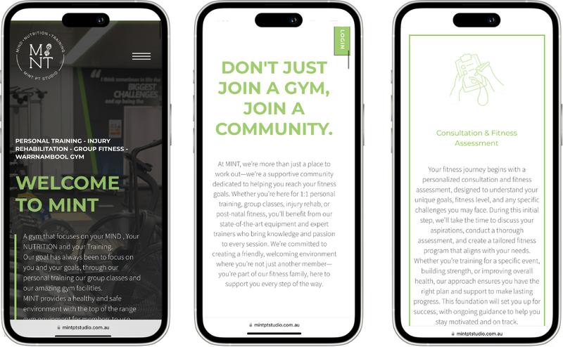 Affordable website design example for a business in the fitness industry Warrnambool by web designer Coja Creative presented on mobile