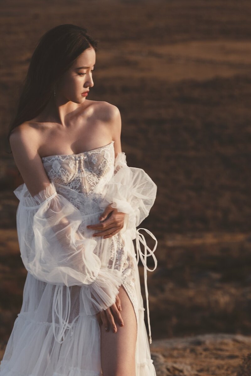 A bride photographed in the golden evening light in a wild field with. mountains in the background.