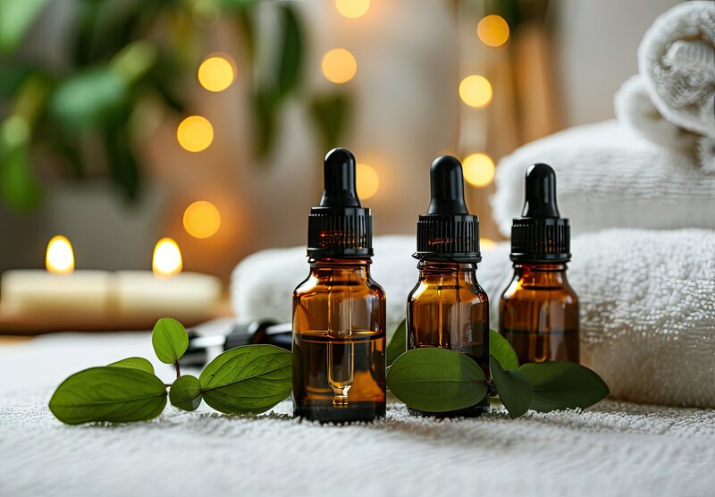 Three amber dropper bottles with essential oils placed on a towel with green leaves and candlelight in the background, evoking a calming spa atmosphere.